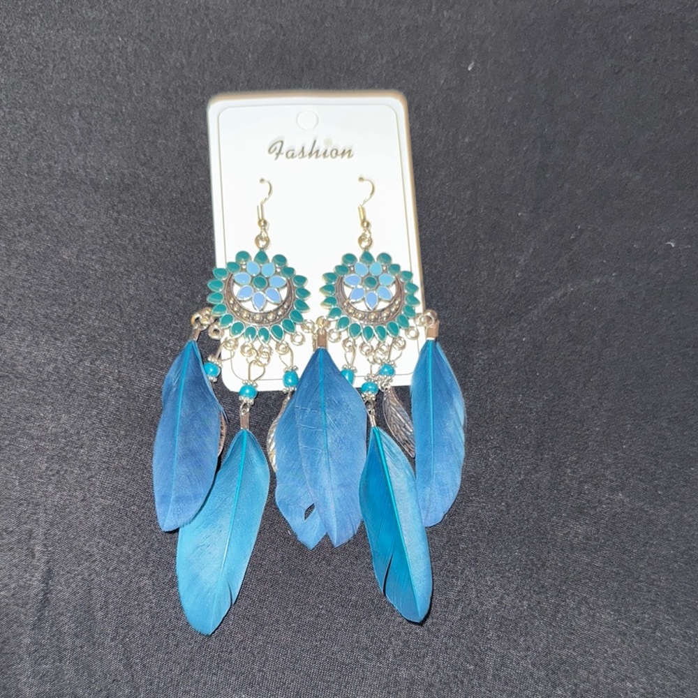 Blue and Silver Bohemian Feather Earrings